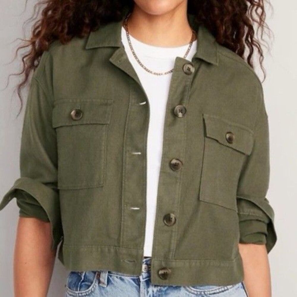 Old Navy Army Green Boxy Cropped Linen Blend Cropped Utility Jacket Size Medium